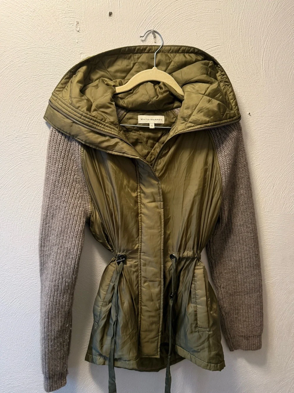 White + Warren Olive Yak Wool Quilted Blend Knit Sleeve Jacket Coat Utility S - Picture 2 of 6